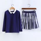 Set: Long-sleeve Collared Top + Accordion Pleat A-line Skirt