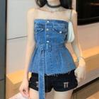 Denim Off-shoulder Button-up Top As Shown In Figure - One Size