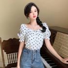 Puff-sleeve Polka Dot Shirred Blouse