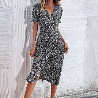 Short Sleeve V-neck Floral Print Slit Midi Dress