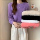Round-neck Plain Furry-knit Long-sleeve Top