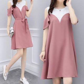 Cold Shoulder Two Tone Chiffon Dress