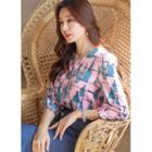 Puff-sleeve Patterned Satin Blouse