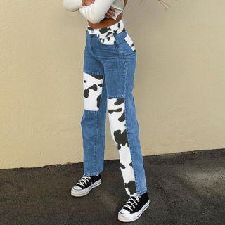 Cow Print Straight-cut Jeans