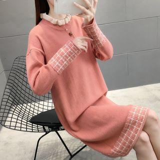Plaid Panel Long-sleeve Midi Knit Dress
