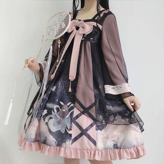 Printed Ruffled Ribbon Bell-sleeve A-line Dress