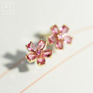 925 Sterling Silver Rhinestone Flower Stud Earring Red - One Size