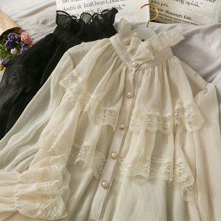 Lace-trim High-neck Chiffon Blouse