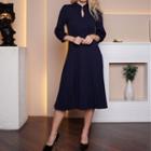 3/4-sleeve Cut-out Midi A-line Dress