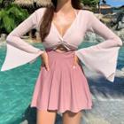 Set: Bell-sleeve Swimdress + Bikini Top