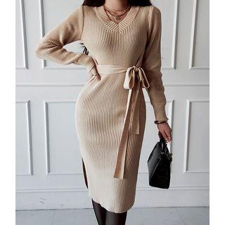 V-neck Tie-waist Slit-side Knit Dress