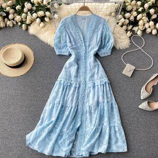 V-neck Cutout Lace Puff-sleeve Dress