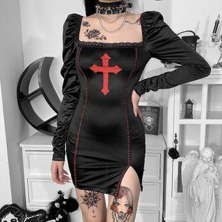 Square-neck Cross Applique Mini Bodycon Dress