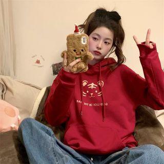 Tiger Print Hooded Sweatshirt Red - One Size