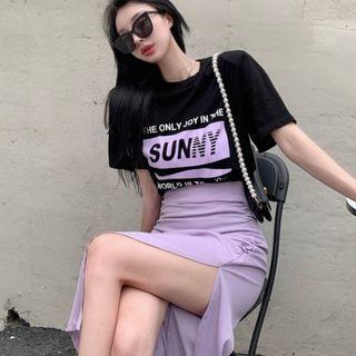 Short-sleeve Lettering Print T-shirt / Slit-hem Midi A-line Skirt