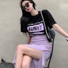 Short-sleeve Lettering Print T-shirt / Slit-hem Midi A-line Skirt