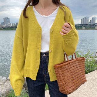 V-neck Plain Loose Fit Cardigan Lemon Yellow - One Size