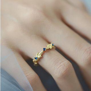 925 Sterling Silver Rhinestone Leaf Open Ring 925 Silver - Blue Bead - Gold - One Size