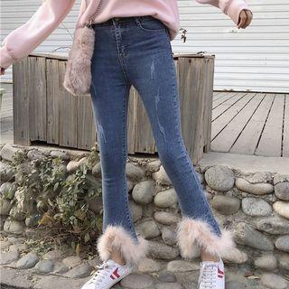Faux-fur Trim Cropped Boot-cut Jeans