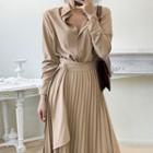 Long-sleeve Asymmetric A-line Dress Khaki - One Size