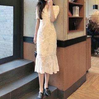 Puff-sleeve V-neck Midi Mermaid Sheath Dress