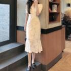 Puff-sleeve V-neck Midi Mermaid Sheath Dress