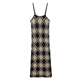 Spaghetti Strap Knit Midi Dress Black & Khaki - One Size