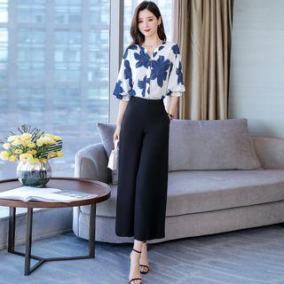 Set: Floral Elbow-sleeve Blouse + Wide Leg Pants