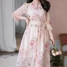 Set: Bell-sleeve Floral Print Midi A-line Dress + Slipdress
