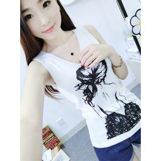 Sleeveless V-neck Print Top
