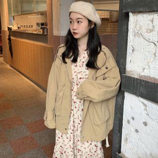 Front Pocket Stand Collar Zip Jacket Khaki - One Size