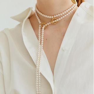 Faux Pearl Layered Fringed Necklace White & Gold - One Size