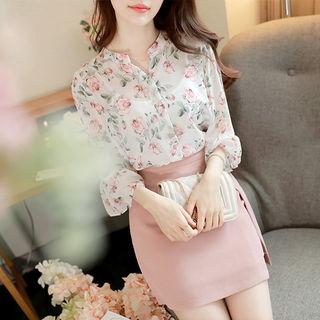 3/4-sleeve Frill-cuff Floral Sheer Blouse