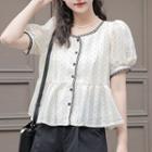 Puff-sleeve Dot Pattern Ruffled Top