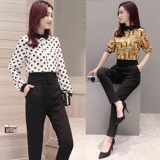 Set: Long-sleeve Printed Top + Dress Pants