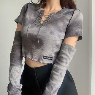 Long-sleeve Lace-up Tie Dye Top