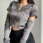 Long-sleeve Lace-up Tie Dye Top