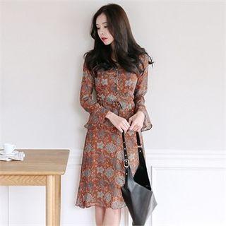 Long-sleeve Pattern Chiffon Midi Dress With Sash