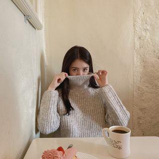 Turtleneck Slit-detail Rib Sweater Ivory - One Size