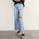 Distressed Washed Wide-leg Jeans