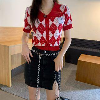 Short-sleeve Collared Argyle Cardigan Argyle - Red - One Size