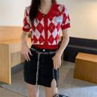 Short-sleeve Collared Argyle Cardigan Argyle - Red - One Size