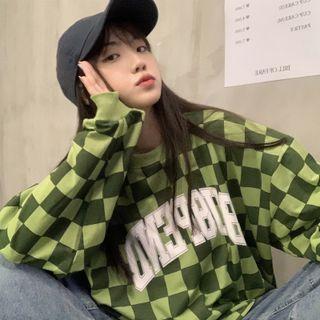 Long-sleeve Plaid Lettering Sweatshirt Plaid - Green - One Size