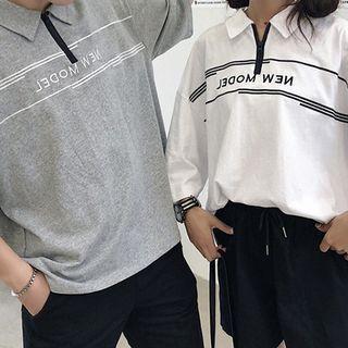 Couple Matching Lettering Elbow Sleeve Polo Shirt