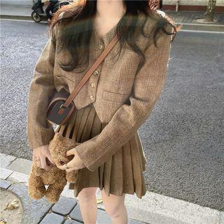 Plaid Button Jacket / Pleated Mini A-line Skirt