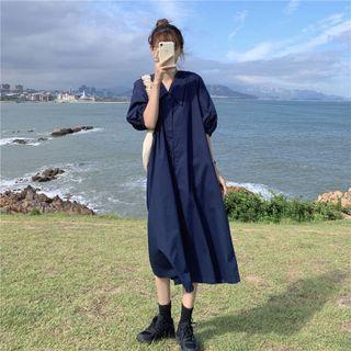 Puff-sleeve Midi A-line Dress Navy Blue - One Size