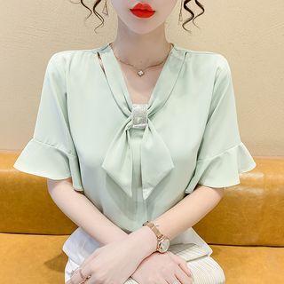 Bell-sleeve Rhinestone Ribbon Chiffon Blouse