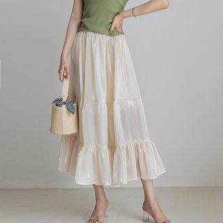 Ruffle Trim Midi A-line Skirt Beige - One Size
