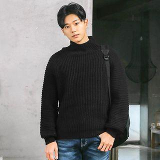 Mock-neck Raglan-sleeve Rib-knit Sweater