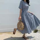 Flared Long Gingham Dress Navy Blue - One Size